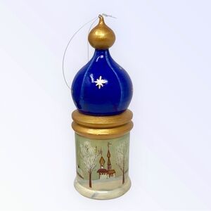 Hand Painted Russian Blue & Gold Christmas Ornament Church & Village Design
